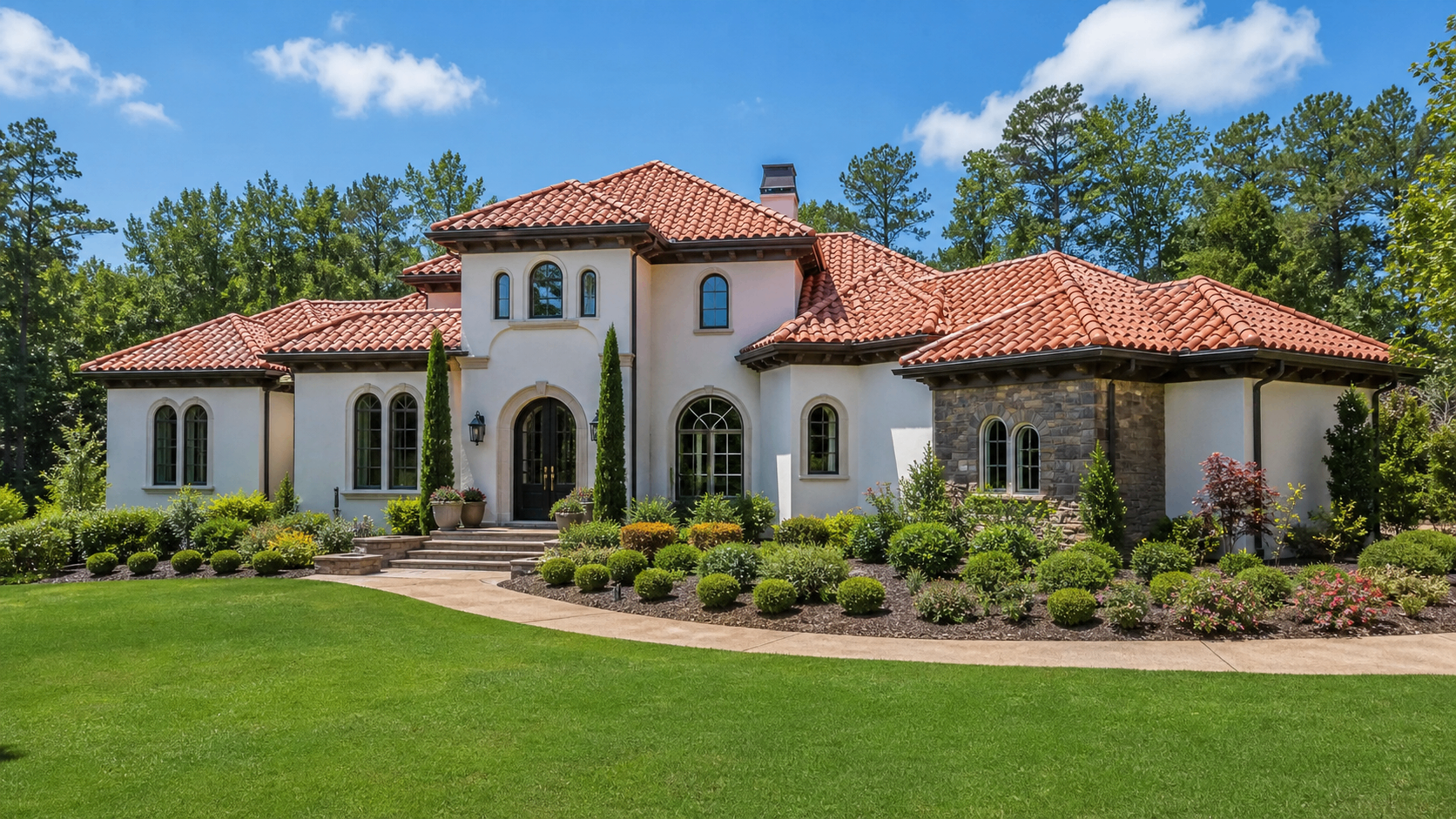 A Mediterranean-style home with a clay tile roof and landscaped front yard.
