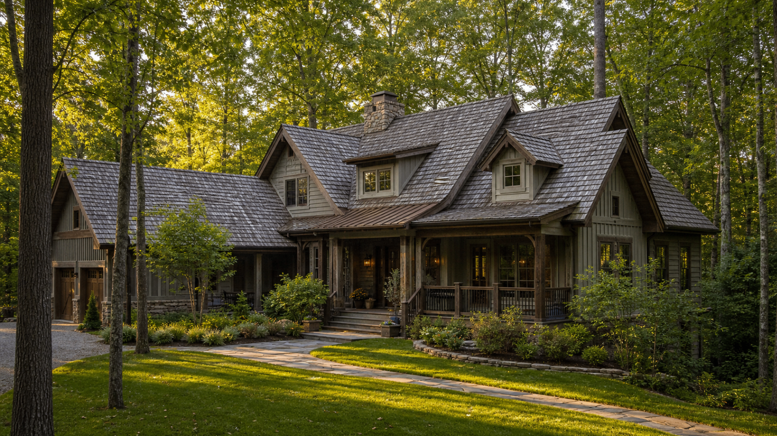 A custom home with a rustic wood shake roof surrounded by mature trees.