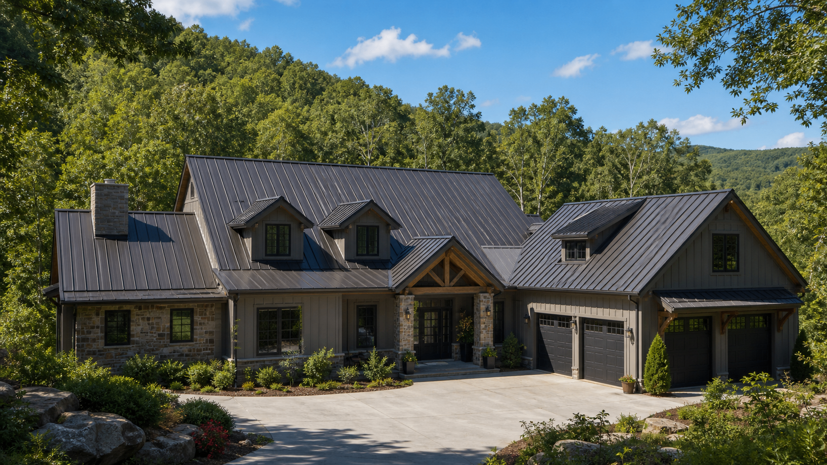 A modern home in North Alabama with a dark standing seam metal roof.